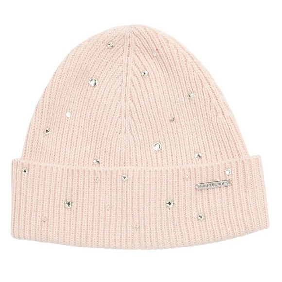 Michael Kors Crystal Embellished Logo Beanie Hat One Size Powder Blush Nwt $88 - Picture 1 of 7